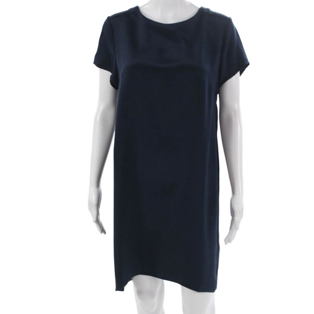 Cuyana Womens Shift Dress Silk Blue Short Sleeve Round Neck Knee Length Size M